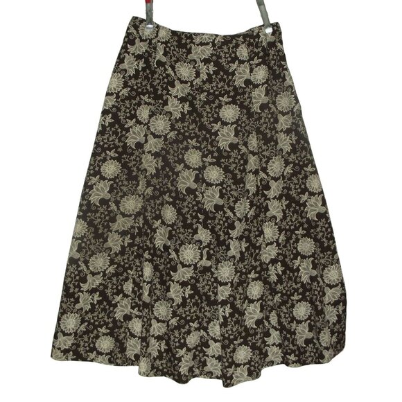 Christopher & Banks Skirt Size Large Brown White Floral Print A-LIne Midi Rayon - Picture 1 of 8